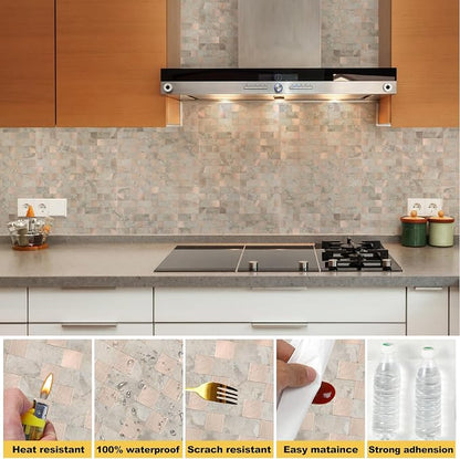 Yipscazo Peel and Stick Backsplash Tile, Stick on Stainless Steel Look Backsplash Metal Tiles for Kitchen Walls in Beige Stone Mixed Metal (12''x12'',10 Sheets)