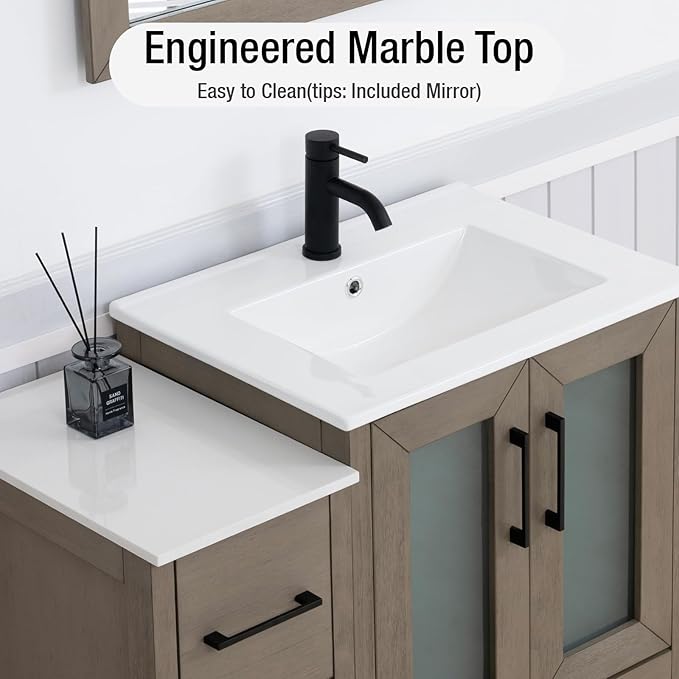 HOMEBEYOND 36 Inch Modern Bathroom Vanity with Sink & Mirror, Single Vanity Cabinet with Basin and Mirror, Dove-Tailed Drawers, Soft-Closing Doors, Wood, Driftwood Gray