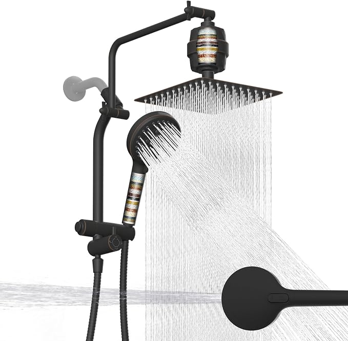 Metal 10" Filtered Rainfall Showerhead Combo, Easy Reach, Oil Rubbed Bronze | 4-Way Diverter with Pause Mode, High Pressure Shower Head with 10-Spray Handheld, 71" Hose/12" Extension Arm/Holder