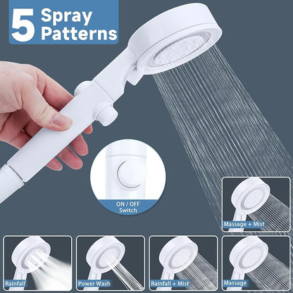 5+1 Mode High Pressure Replacement White RV Shower Head with Hose | On/Off Switch, Water Saving Motorhome Shower Head for RV/Campervan, Caravan