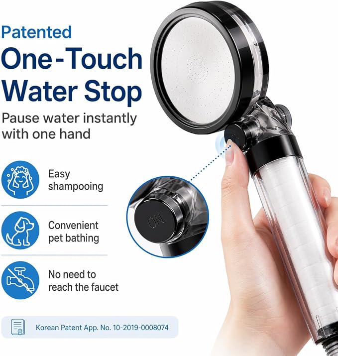 CH-S514 Korean Filtered Handheld Shower Head, One-Touch Stop Water | Triple Stage Filtration,3.1μm PP Cotton,Chlorine Removal,Visible Filter,SUS304 Plate,G1/2 Universal Thread