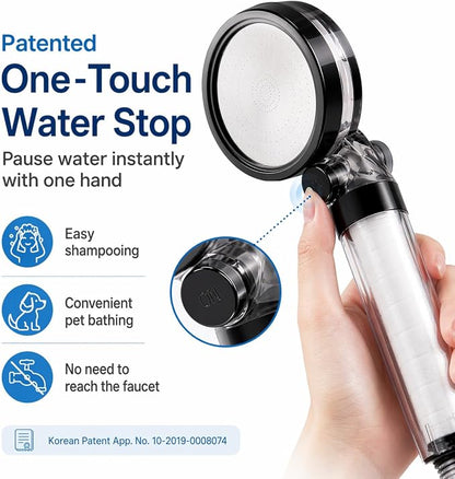 CH-S514 Korean Filtered Handheld Shower Head, One-Touch Stop Water | Triple Stage Filtration,3.1μm PP Cotton,Chlorine Removal,Visible Filter,SUS304 Plate,G1/2 Universal Thread
