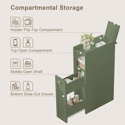 ChooChoo Slim Bathroom Storage Cabinet with Slide Out Drawers | Narrow Storage Organizer with Hidden Storage, Freestanding Toilet Paper Holder, Bathroom Cabinet for Small Places, Green