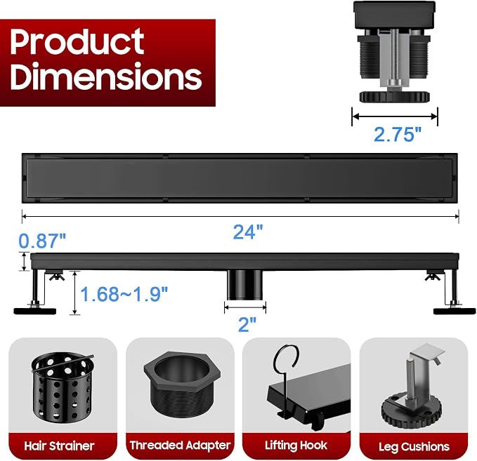 DLONE® Linear Shower Drain - 24 Inch Matte Black, with Tile Insert Panels | AISI 304 Stainless Steel Linear Drain, Rectangle Shower Floor Drain, with Adjustable Feet, Fits Bathroom & Balcony etc