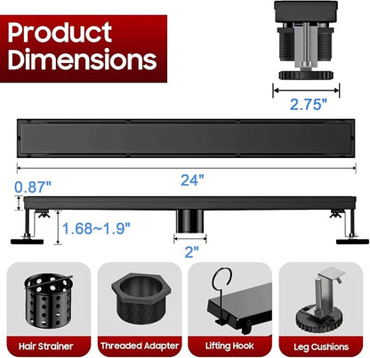 DLONE® Linear Shower Drain - 24 Inch Matte Black, with Tile Insert Panels | AISI 304 Stainless Steel Linear Drain, Rectangle Shower Floor Drain, with Adjustable Feet, Fits Bathroom & Balcony etc