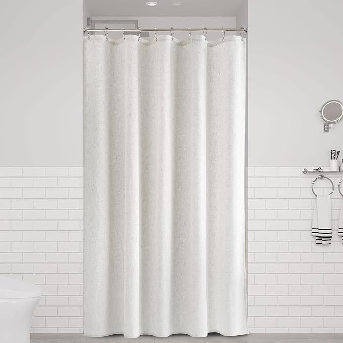 60 Inch Shower Curtain - Stall Narrow Half Linen Ultra Thick Fabric Shower Curtain Set with Hooks, Boho Farmhouse Rustic RV Camper Bath Curtains for Bathroom, Beige White, 60x72