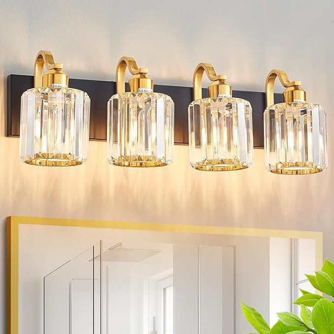 Crystal Vanity Lights for Bathroom, 4 Light Bathroom Vanity Light, Modern Matte Black and Gold Wall Lighting Fixtures with Crystal Round Shade (Exclude Bulb)
