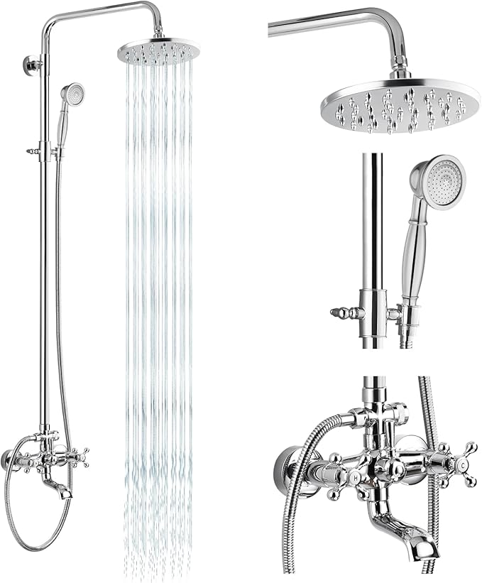 gotonovo Exposed Shower Faucet Set 8 Inch Rainfall Showerhead 3-Function Shower Fixture with Tub Spout 2 Corss Handles Shower System, Polish Chrome