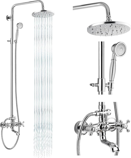 gotonovo Exposed Shower Faucet Set 8 Inch Rainfall Showerhead 3-Function Shower Fixture with Tub Spout 2 Corss Handles Shower System, Polish Chrome