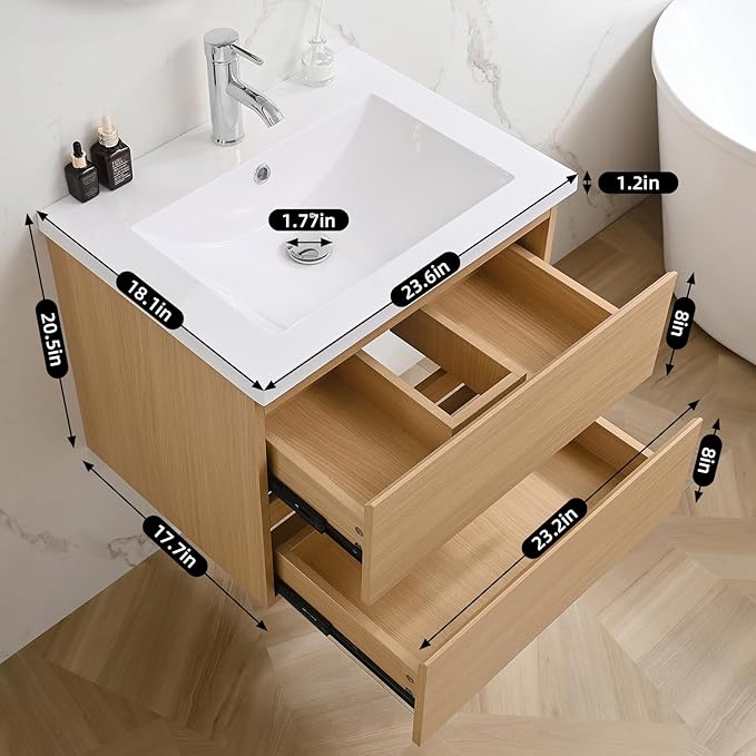 walsport Floating Bathroom Vanity with Sink & Mirror & Faucet & Countertop Set Small Wall Mounted Bathroom Single Sink Cabinet with Double Storage Drawers Modern (Natural)