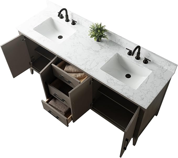HomeBeyond 72 Inch Bathroom Vanity with Sink & Ceramic Top, Double Vanity Cabinet with Basin, Soft-Closing Doors & Matte Black Hardware, Driftwood Gray