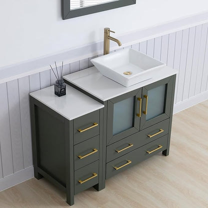 Vanity Art 42 Inch Vessel Single Sink Bathroom Vanity Cabinet with 1 Mirror, Engineered Marble Top Bathroom Cabinet Compact Set with 5 Dovetail Drawers and Soft Closing Doors, VA3130-42VG