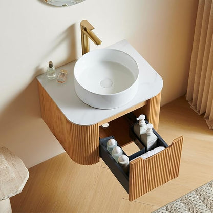 24-Inch Modern Bathroom Vanity with Sink, Plywood, Nature Wood | Floating Cabinet with Ultra-Thin Ceramic Basin and Marble Top, Extra Large Storage Drawer, Soft-Close Design, Pre-Assembled