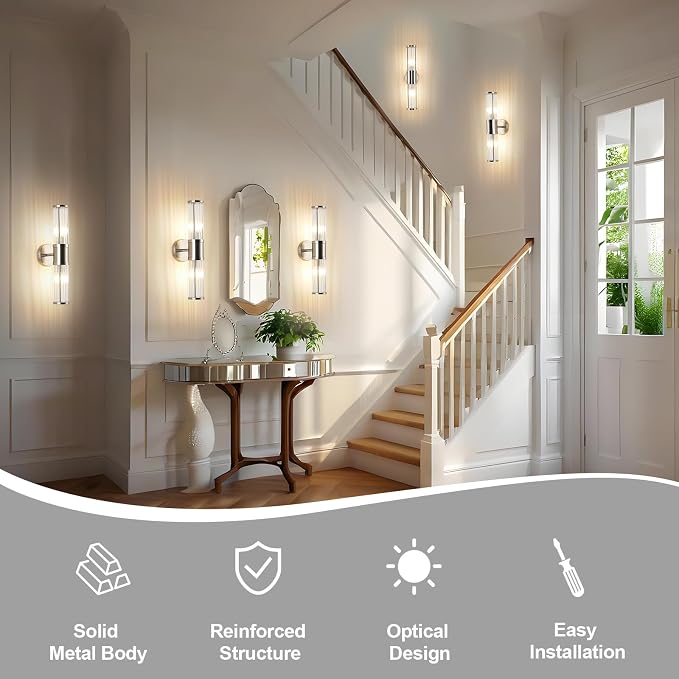 Brushed Nickel Wall Sconce with Glass Rods - Modern Industrial Vanity Light Fixture, E12 Candelabra Base for Bathroom, Bedroom & Hallway (Bulbs Not Included)