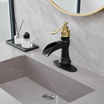Waterfall Bathroom Sink Faucet Brushed Gold with Black | Single-Handle Single Hole, Deck Mounted, Includes Pop Up Drain with Overflow and Supply Lines Hose, Modern Farmhouse Decor