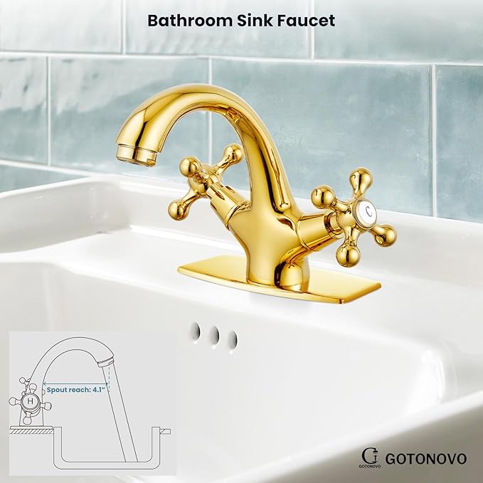 gotonovo Bathroom Sink Faucet Single Hole Double Cross Handle Knobs Lavatory Vessel Sink Mixer Tap Bathroom Faucet with Pop up Drain and Deck Cover Plate Polish Gold