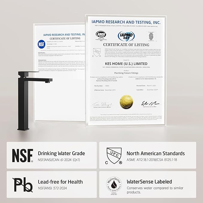 KES Bathroom Faucet Black Vessel Sink Faucet cUPC Certified, Single Hole Tall Bathroom Faucet Stainless Steel, L3156BLFF12-BK