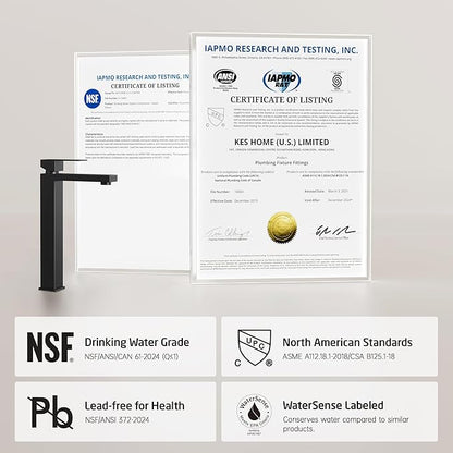 KES Bathroom Faucet Black Vessel Sink Faucet cUPC Certified, Single Hole Tall Bathroom Faucet Stainless Steel, L3156BLFF12-BK