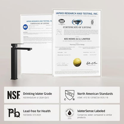 KES Bathroom Faucet Black Vessel Sink Faucet cUPC Certified, Single Hole Tall Bathroom Faucet Stainless Steel, L3156BLFF12-BK