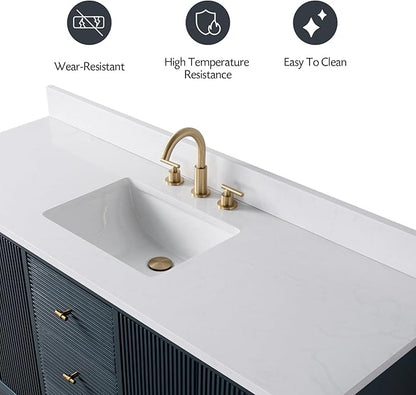 Vanity Art 60" Bathroom Vanity with Single Sink & Arabescato White Engineered Stone Top, Soft Closing Door, Solid Wood Frame, Golden Brushed Handles, Vintage Spruce Blue VA8160S-VSB-GB