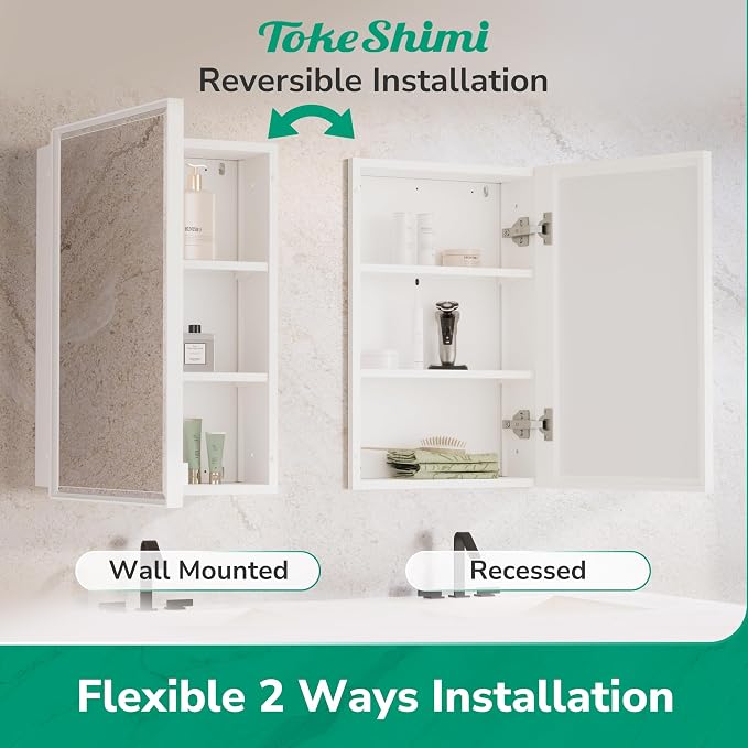 16 x 24 Recessed Medicine Cabinet with Mirror Surface Mounted, Aluminum White Medicine Cabinet with Mirror, Metal Beveled Bathroom Mirror with Storage