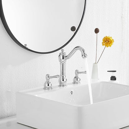 GGStudy 2 Handles 3 Holes Faucet Widespread Bathroom Sink Faucet Basin Tap Mixer Supply Hose Included Matching Pop Up Drain Polished Chrome