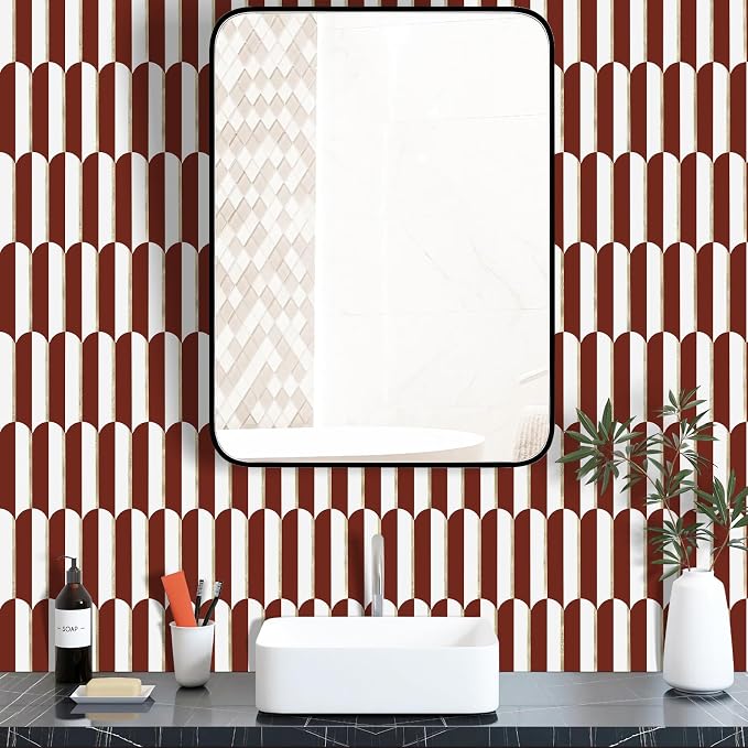 Vamos Tile Peel and Stick Backsplash Seamless Tile,Fish Scale,Matt,10-Sheet | 11.9''x10.8'',White & Red PVC+Light Gold Stick on Backsplash Tile for Kitchen & Bathroom & Laundry & Camper