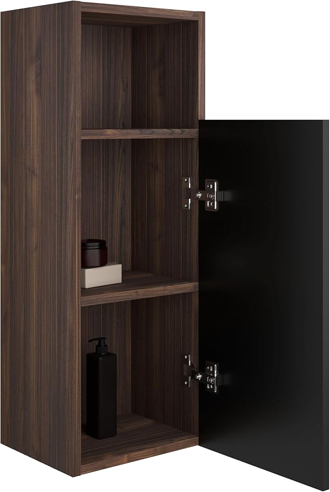 12" Bathroom Side Cabinet, Modern Striped Storage Cabinet with Soft-Closing Door & Open Shelf, Large Storage for Small Bathroom, Apartment, Hotel, Walnut+Black