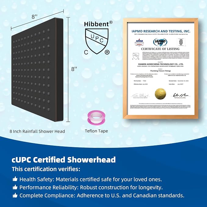 Hibbent cUPC Certified Thick Metal 8'' Rain Shower Head, Oil Rubbed Bronze | High Pressure Shower Head, Bathroom Waterfall Shower Heads, High Flow Fixed Showerheads with Adjustable Brass Ball Joint