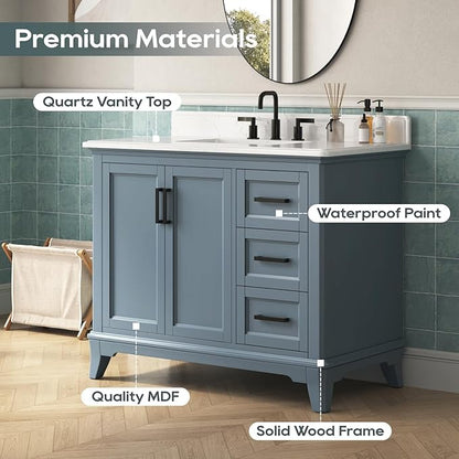 42 Inch Bathroom Vanity with Sink, Single Sink Bathroom Vanity with Adjustable Feet, Solid Wooden Frame Bathroom Sink Cabinet with Soft Closing Doors & Dovetail Drawers, Steel Blue