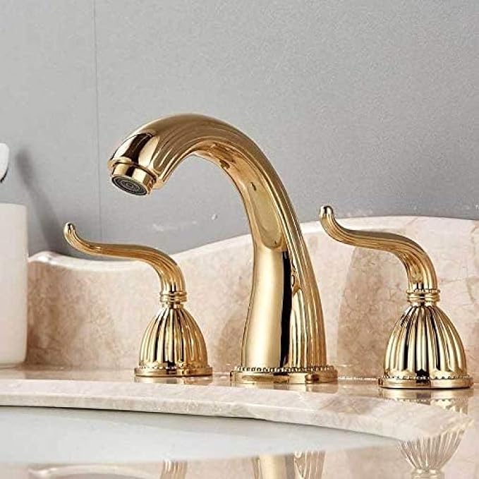 Basin Faucet Deck Mounted Bathroom Mixer Crane Dual Handle 3 Hole Cold and Hot Washing Tap-Antique Brass,Gold(Gold)