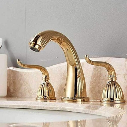 Basin Faucet Deck Mounted Bathroom Mixer Crane Dual Handle 3 Hole Cold and Hot Washing Tap-Antique Brass,Gold(Gold)