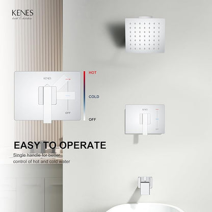 KENES Chrome Tub and Shower Trim Kit, Square Shower Set with Tub Faucet | Shower Faucet with 6-Inch Rain Shower Head, Square Shower System, Valve Included, Lead-Free cUPC & NSF Certified, Stainless
