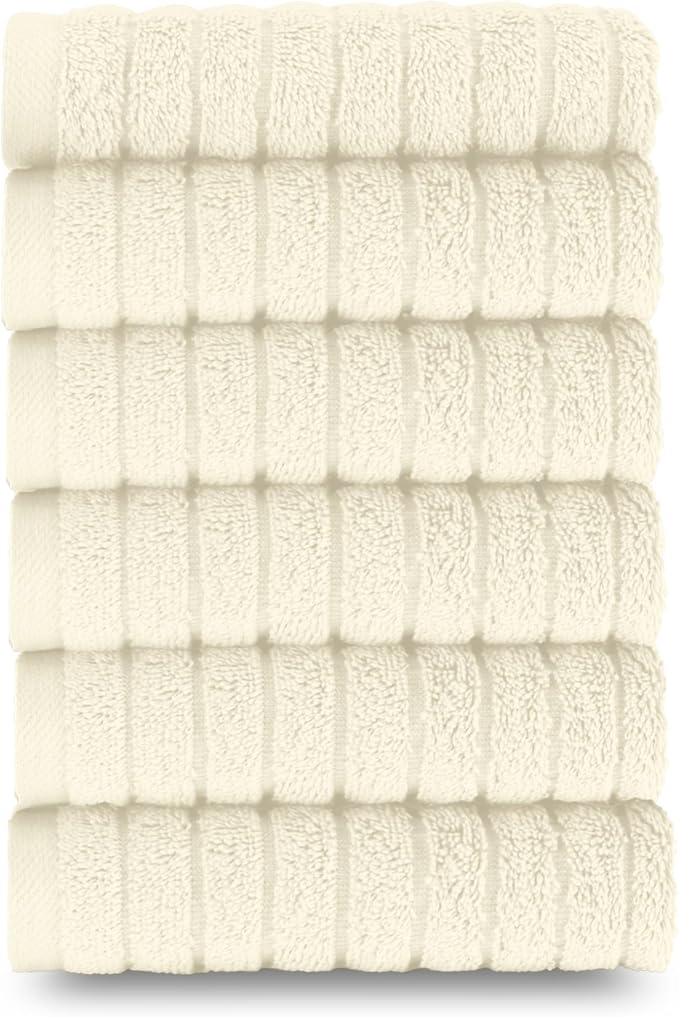 Elegant Comfort 100% Turkish Cotton Corduroy Ribbed Luxury Washcloths 6 Pack Soft 13 x 13 Inch - Higly Absorbent, Durable, Quick Dry, Spa Premium Hotel Quality for Bathroom or Travel, Ivory