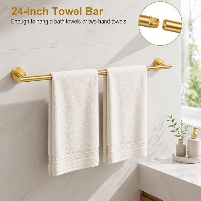 Brushed Gold Bathroom Accessories Set, 10 Pieces Gold Towel Bar Bathroom Hardware Set, 24 Inch Towel Racks for Bathroom, SUS304 Stainless Steel Bathroom Towel Holder Toilet Paper Holder Wall Mounted