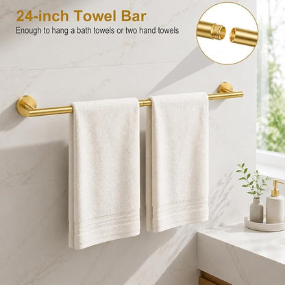 Brushed Gold Bathroom Accessories Set, 10 Pieces Gold Towel Bar Bathroom Hardware Set, 24 Inch Towel Racks for Bathroom, SUS304 Stainless Steel Bathroom Towel Holder Toilet Paper Holder Wall Mounted