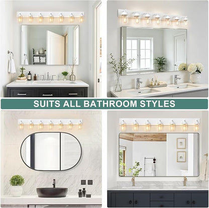 IZORRO Bathroom Vanity Light Fixture, 7-Light 52 inch White Bathroom Light Fixtures Over Mirror, with Clear Glass Shade, Modern Farmhouse Vanity Lights, Rustic Restroom Lighting Fixtures