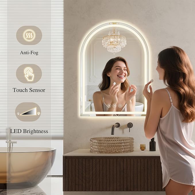 Arched LED Bathroom Mirrors with Lights 24"x32", Anti-Fog,LED Mirrors with Light, Anti-Fog, Dimmable, 3 Color, Shatterproof, Touch Sensor