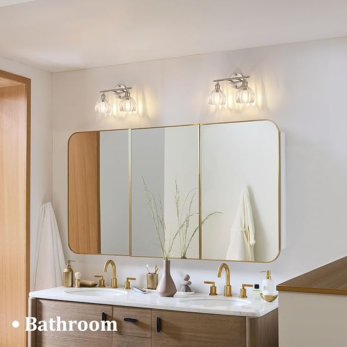 Bathroom Light Fixtures, 2-Light Vanity wall Light Over Mirror with Clear Tulip Glass Shade for Bedroom Living Room (Bulb Not Included), Satin Nickel