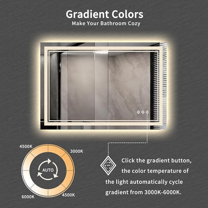 Bathroom Mirror, 44x30 Inch Gradient Front and Backlit Smart Mirror, 3 Colors Dimmable CRI>90 Double Lights, IP54 Enhanced Anti-Fog, Hanging Plates Wall Mount LED Mirror