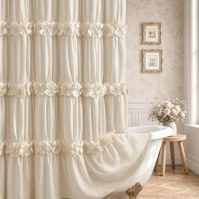 Ruffle Farmhouse Linen Shower Curtain with Vintage Bow 72" W x 72" H | Linen Blend Fabric, Ruffle Bow and Ruffled Hem，Linen Texture，Machine Washable，12 Metal Holes and Plastic Hooks