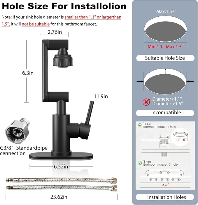 1080° Rotatable Bathroom Faucet, Black,SUS304, Dual Spray Modes | Stainless Steel Vanity Sink Faucet, Height Adjustable, Single & 3-Hole Mount, Universal 1080° Swivel, Grifo de baño giratorio