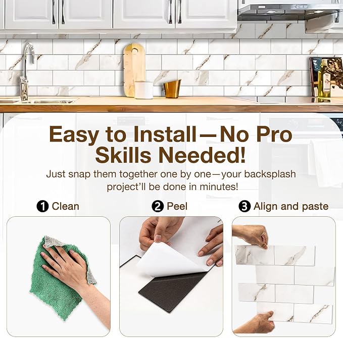 Peel and Stick Backsplash Tile for Kitchen & Bathroom Walls (Polished White Marble, 10 Tiles - 9.7 Sq. Ft. (0.9 M))