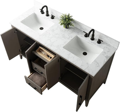 60 Inch Bathroom Vanity with Sink & Ceramic Top, Double Vanity Cabinet with Basin, Soft-Closing Doors & Matte Black Hardware, Driftwood Gray