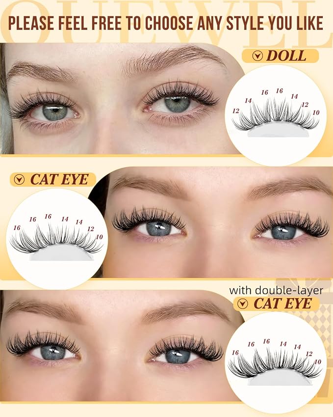 QUEWEL Lash Clusters Kit 300PCS C Curl Wispy Eyelash Clusters(JS01-Kit) | Natural Look Cluster Lashes Extensions Kit with Lash Bond and Seal and Tweezers Natural Eyelash Clusters Use at Home