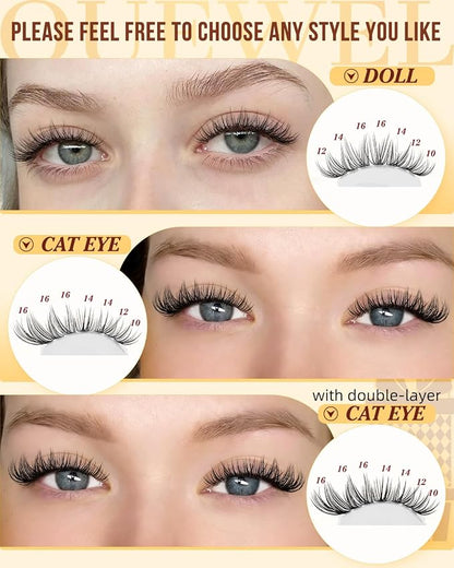 QUEWEL Lash Clusters Kit 300PCS C Curl Wispy Eyelash Clusters(JS01-Kit) | Natural Look Cluster Lashes Extensions Kit with Lash Bond and Seal and Tweezers Natural Eyelash Clusters Use at Home