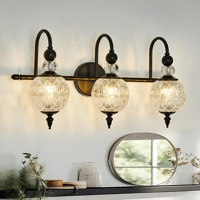 Vintage Bathroom Light Fixtures Black Vanity Light with Glass Globe LampShade 3 Lights Mid Century G9 Bulb Wall Sconce Indoor Vanity Light Over Mirror for Kitchen Bedroom Farmhouse