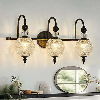 Vintage Bathroom Light Fixtures Black Vanity Light with Glass Globe LampShade 3 Lights Mid Century G9 Bulb Wall Sconce Indoor Vanity Light Over Mirror for Kitchen Bedroom Farmhouse