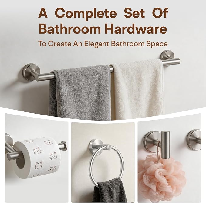8 Pieces Bathroom Hardware Set, SUS304 Stainless Steel 24 Inch Bath Towel Bar Set, Round Bathroom Accessories Kit Wall Mounted Towel Holder (Brushed Nickel)