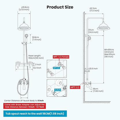 gotonovo Exposed Shower System with Spout,Matte Black,Shower Shelf | Brass Shower Faucet Set,8’’ Rain Head with Handheld Spray,Swivel Tub Spout,2 Cross Handle,6’’ Hole Distance,Adjustable Height